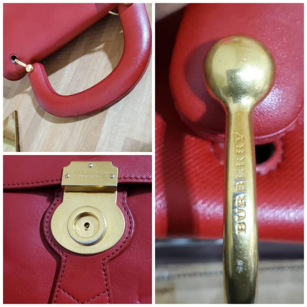 Authentic BURBERRY Trench Calfskin Large DK88 Top Handle Bag Red - Picture 11 of 13